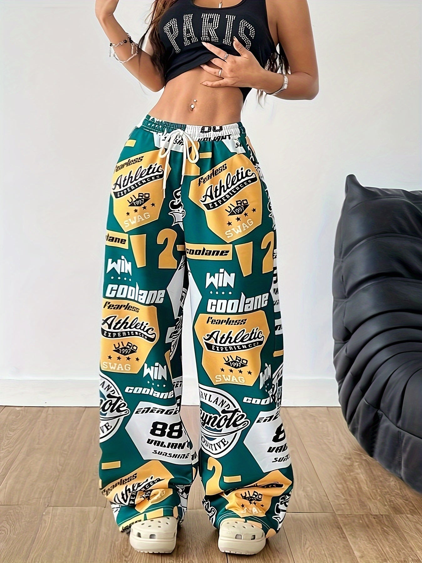 Women'S Y2K-Inspired Wide-Leg Athletic Pants with "Paris" Tank Top - Green, White, and Yellow Graphic Print, Drawstring Waist, Casual Sportswear, Casual Sportswear | Graphic Print Pants | Drawstring Waistband, Athletic Wear